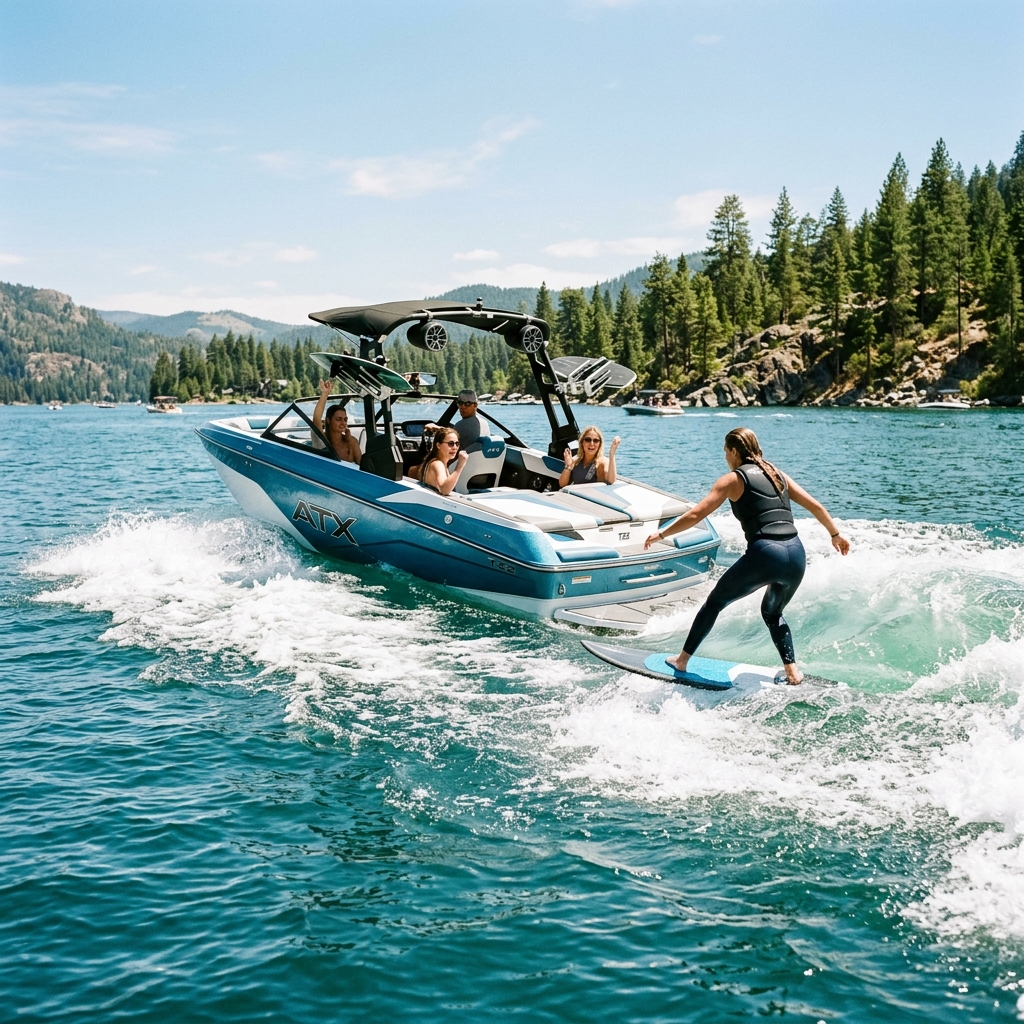 Nautique vs Malibu vs ATX Surf Boats: The Ultimate Wake Boat Comparison 1 ATX Surf Boat on the water