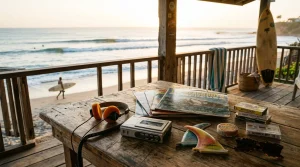 Vintage vinyl records cassette deck and headphones in coastal beach shack for surf playlist