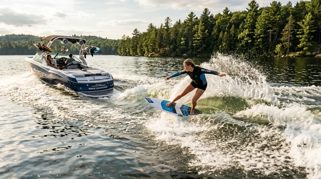 Wake Surfing Complete Guide — Boards, Boat Wake & Form | PDR 1 Skilled surfer wakesurfing ropeless on boat wake across glassy freshwater lake