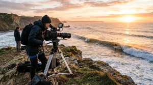 Surfing Magazine | PDR – Destinations, Gear & Technique Guides 2 Surf videographer operating digital cinema camera on coastal headland filming waves